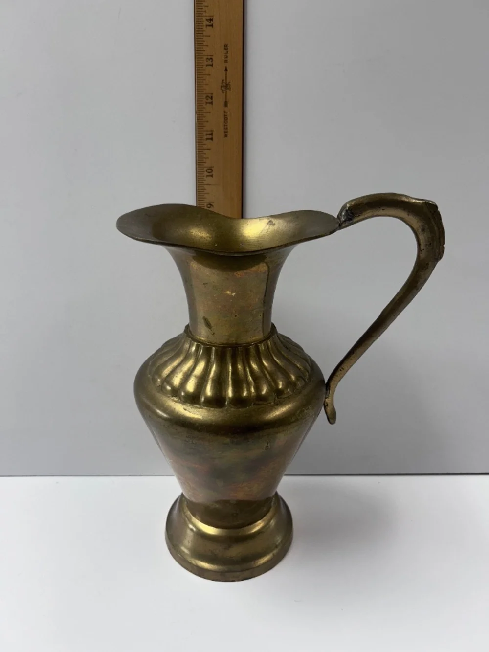 Vintage Enesco Heavy Solid Brass Pitcher Flower Vase 9” Made in India